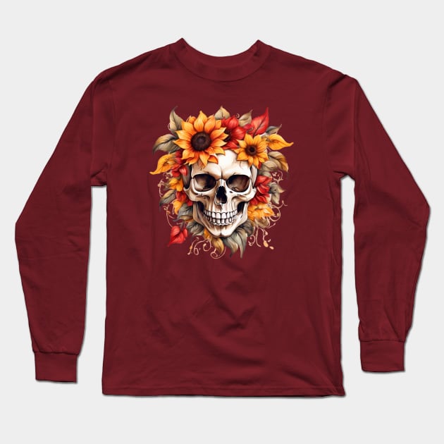 Skull & Sunflower Fusion in Red and Yellow Long Sleeve T-Shirt by HaMa-Cr0w